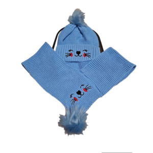 Set tricotat caciula+fular cu mot copii, albastru, pisica,  de la 6 luni la 9 ani, model 148