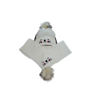 Set tricotat caciula+fular cu mot copii, alb, pisica,  de la 6 luni la 9 ani, model 149