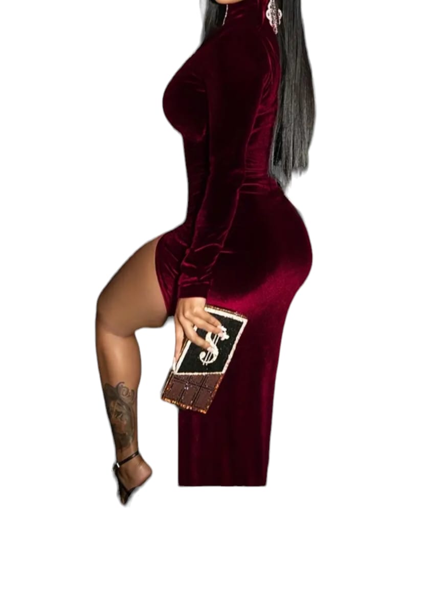 Rochie eleganta dama, Catifea, Rosu, Maneca lunga, model 201 - imagine 2