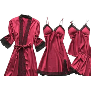 Set Pijamale dama 4 piese, Satin, Rosu, marime S/M model 203