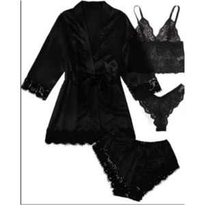Set Pijamale dama 4 piese, Satin, Negru, marime S/M model 205