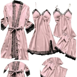 Set Pijamale dama 4 piese, Satin, Crem, marime S/M model 204