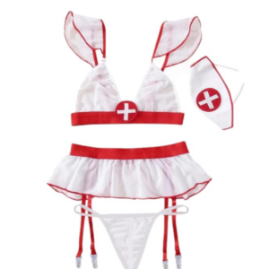 Lenjerie dama sexy, tematica Asistenta, culoare alb cu rosu, 4 piese, Marime universala, model 212